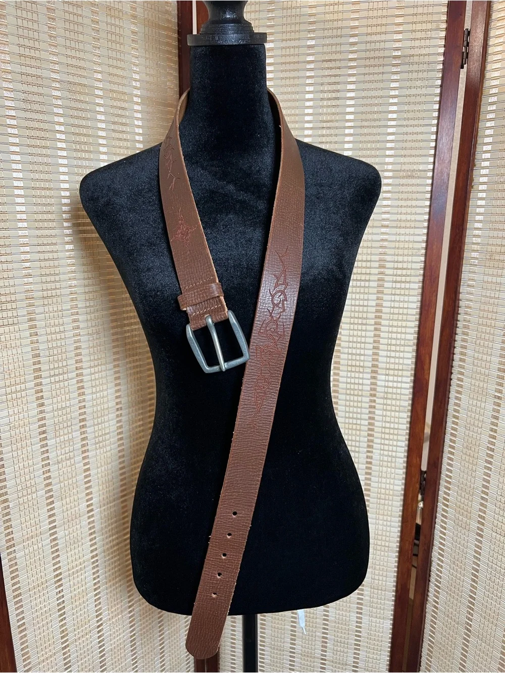 Vintage Leather Tribal Cross Laser Etched Belt Size 36 Made in USA Brown Y2K